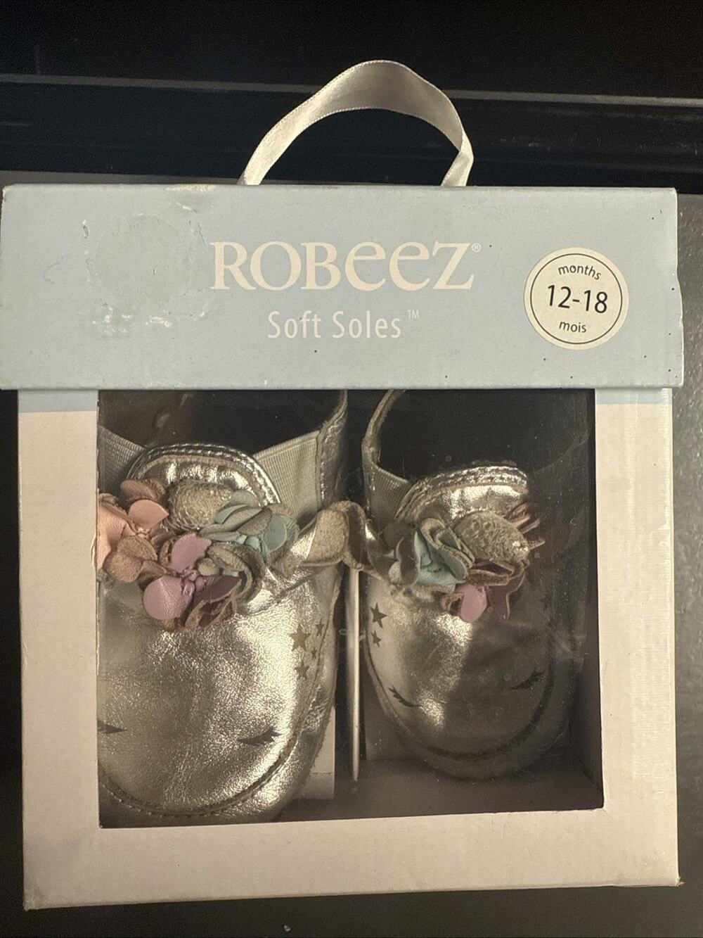 Robeez Soft Soles Baby Shoes 12-18 Months Silver Unicorn Leather w Box
